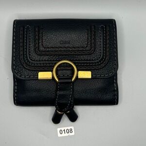Chloe Marcie Bi Fold Wallet Black Leather Gold Ring Snap Closure#108
